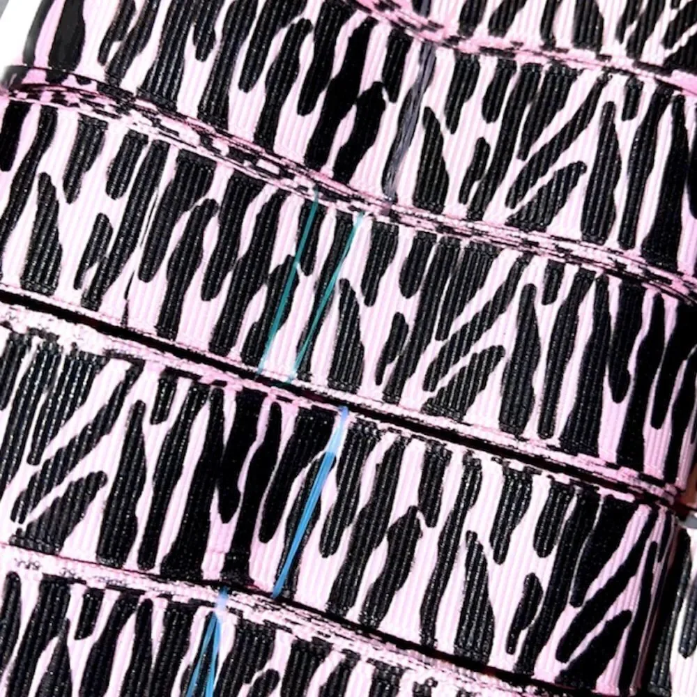 Grosgrain printed Ribbon 7/8” NEW 5 yards light baby pink black zebra stripe